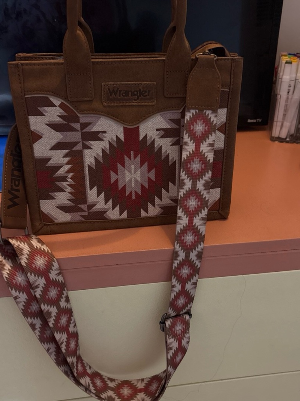 Wrangler Brown Crossbody with Red & Cream Aztec Panel